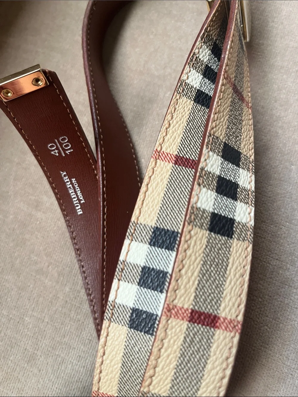 Burberry London Classic Nova Check Plaid Leather Belt Gold-Tone Buckle Italy 40”